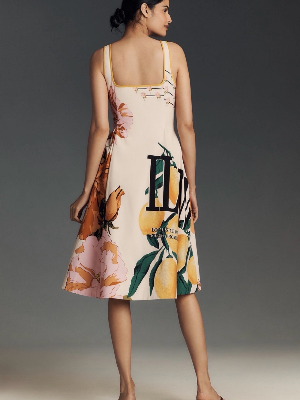 Floral Lemon Print Square-Neck Midi Dress in Cream and Pink - Picture 2 of 10